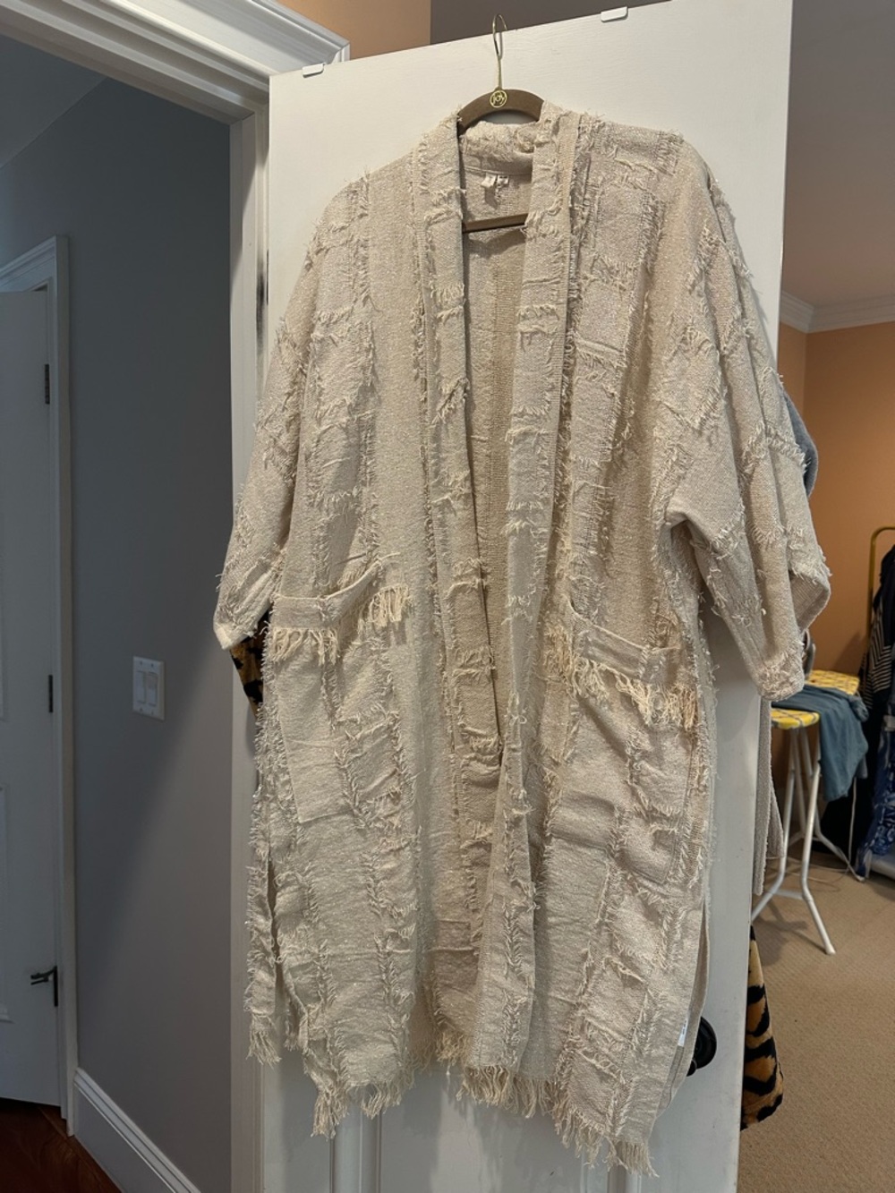Anthropologie Cream Textured Fringe Open Front Coatigan